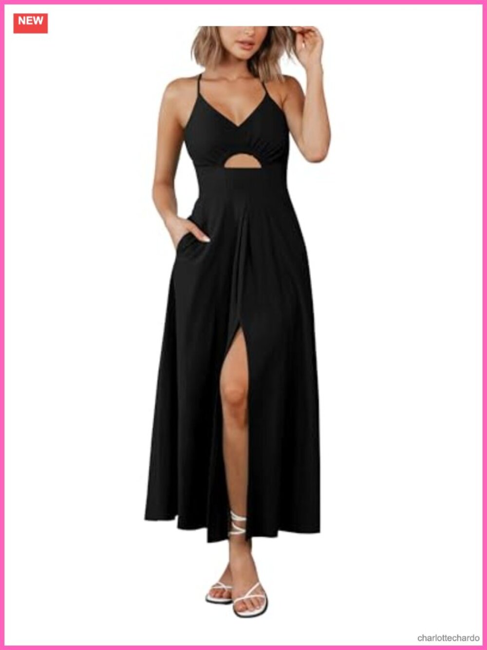 Spaghetti Strap Midi Summer Dress Sleeveless V Neck Cutout Slit Beach Party